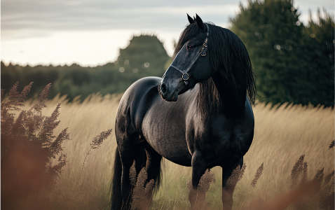 Na zdjęciu czarny koń stojący spokojnie na polu ze zbożem